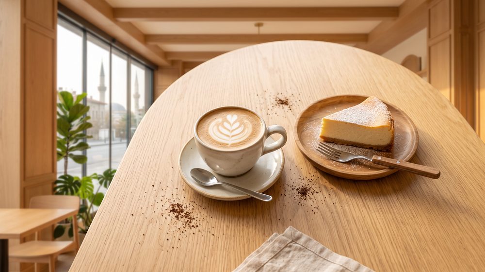 Ahşap masada flat white ve bir dilim cheesecake