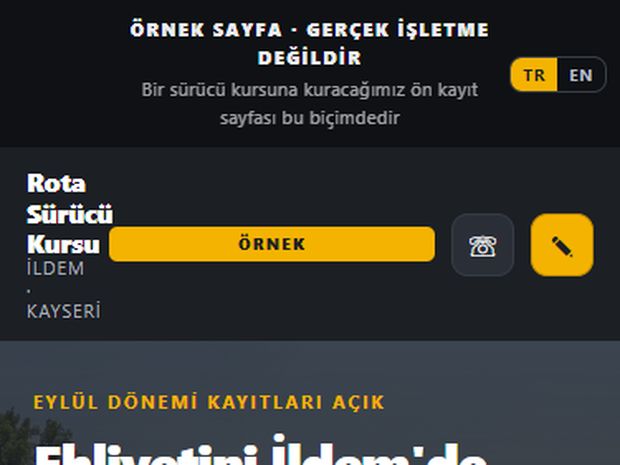 Rota Sürücü Kursu örnek ön kayıt sayfasının ekran görüntüsü