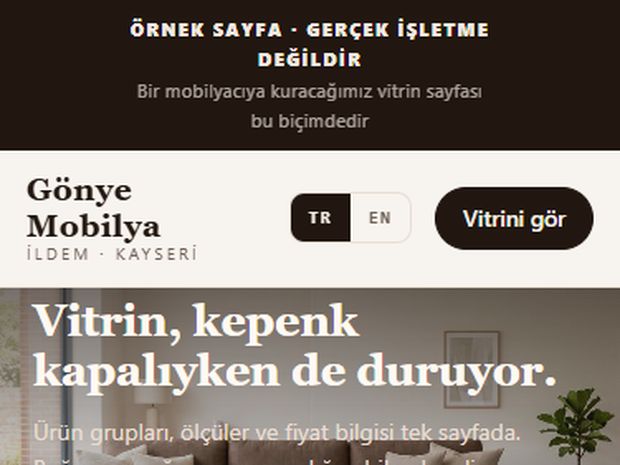 Gönye Mobilya örnek vitrin sayfasının ekran görüntüsü