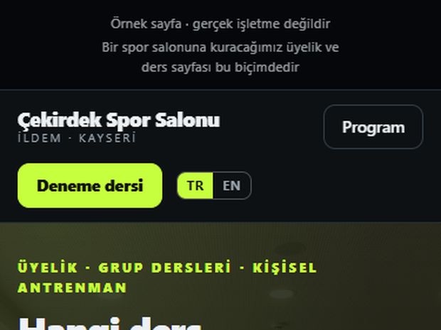 Çekirdek Spor Salonu örnek üyelik ve ders programı sayfasının ekran görüntüsü